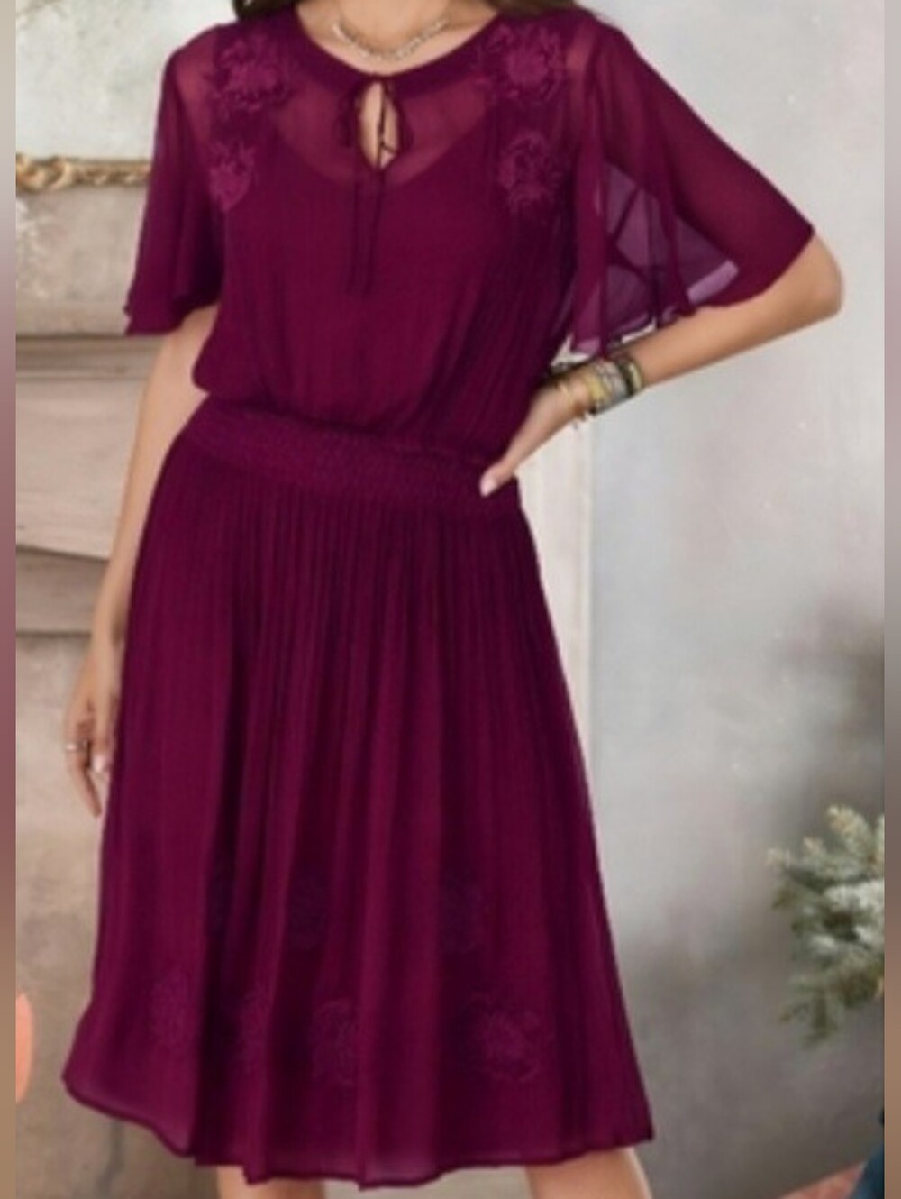 NWT Sundance Wine-Red Floral Applique Midi Dress